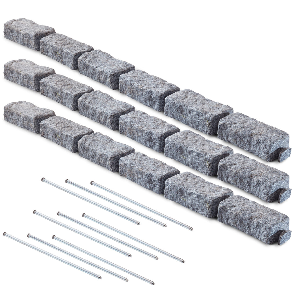 Set of three faux greystone stone landscape edging pieces with built-in spikes for easy installation. The edging resembles natural gray stone and adds a defined border to garden beds, pathways, or lawns. Each piece features intricate texture and detailing, providing a realistic appearance while being lightweight and durable.