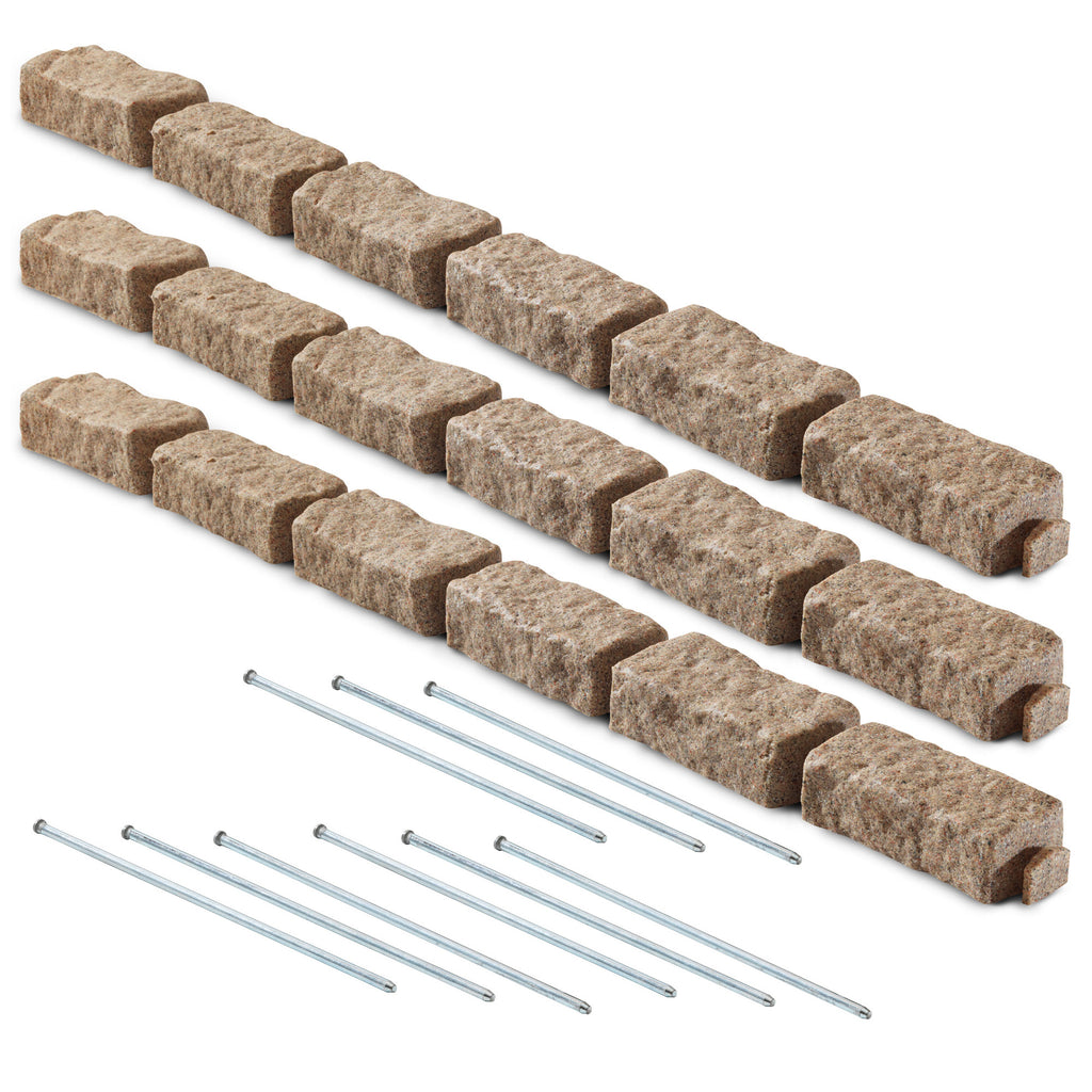 Set of three faux sandstone landscape edging pieces with built-in spikes for easy installation. The edging resembles natural sandstone and adds a defined border to garden beds, pathways, or lawns. Each piece features intricate texture and detailing, providing a realistic appearance while being lightweight and durable.