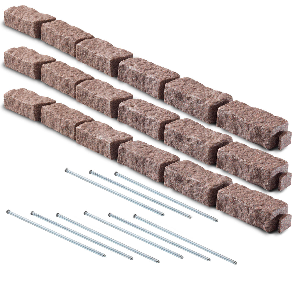 Set of three faux cobblestone stone landscape edging pieces with built-in spikes for easy installation. The edging resembles natural stone and adds a defined border to garden beds, pathways, or lawns. Each piece features intricate texture and detailing, providing a realistic appearance while being lightweight and durable.